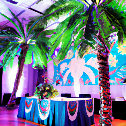 צילום של אולם בר מצווה בנושא טרופי עם עצי דקל ועיטורים תוססים